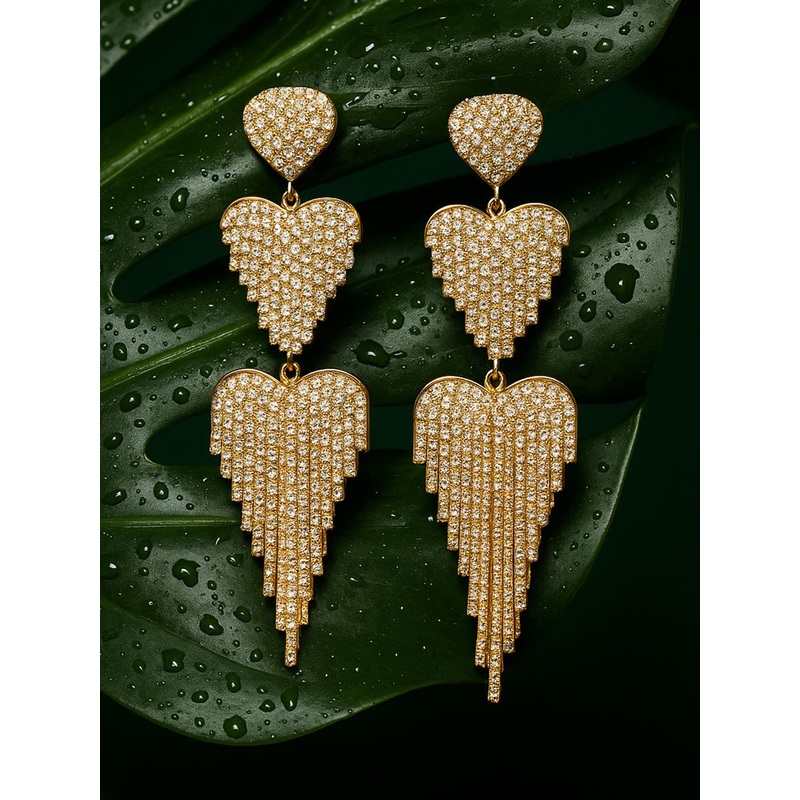 Rubans 18K Gold-Plated Cubic Zirconia Studded Heart-Shape Waterfall ShoulderDuster Earring