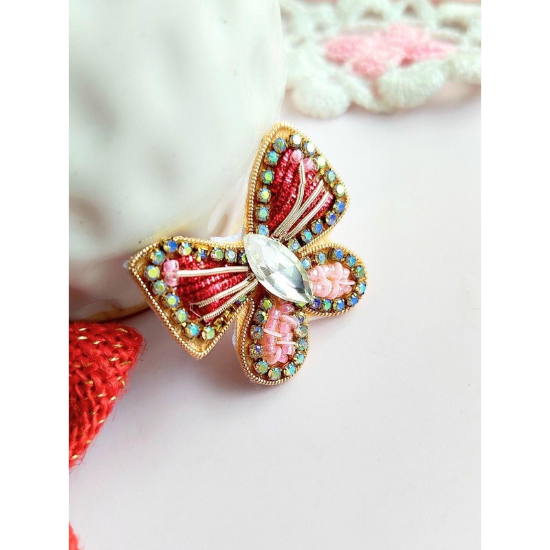 Sangria Pink & Red Beads Beaded Butterfly Adjustable Finger Ring