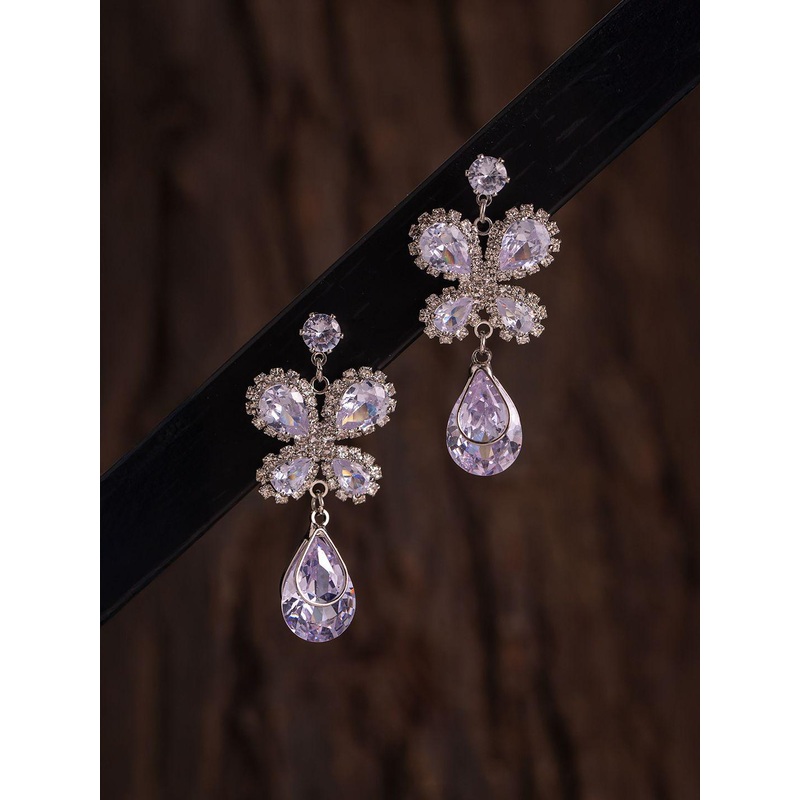 Voylla Korean Bling Rhodium-Plated AD & Crystal Studded Flutter Drop Earrings