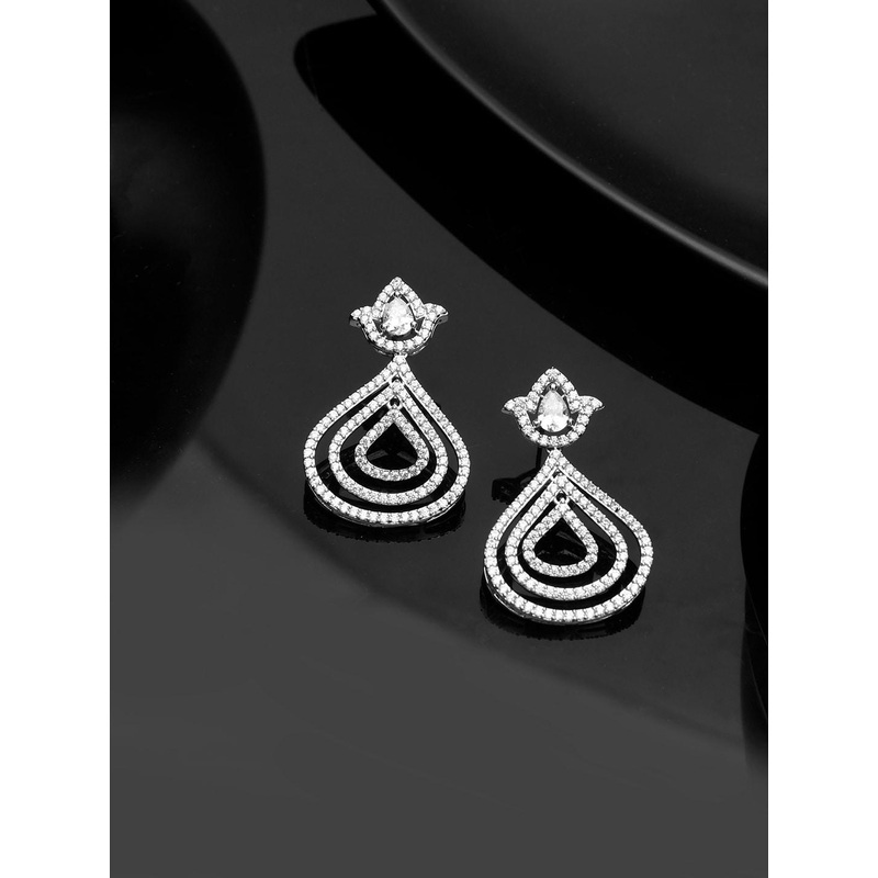 Voylla Rhodium Plated Cubic Zirconia Drop Earrings