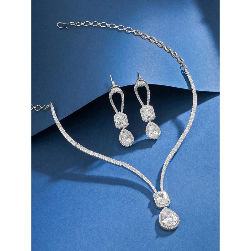 Yellow Chimes Rhodium Plated American Diamond Studded Jewellery Set