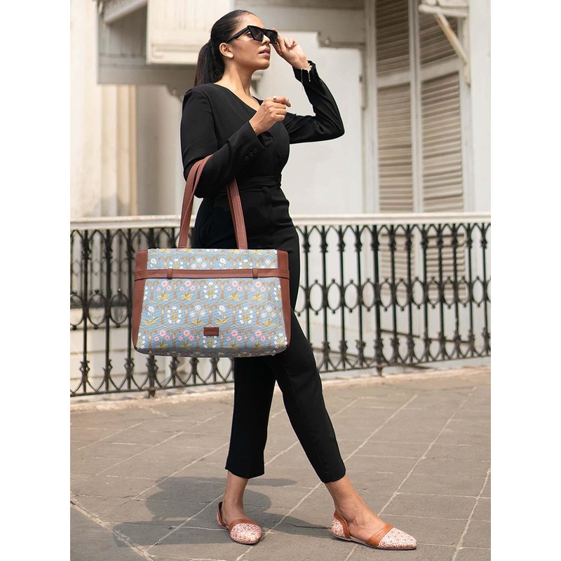 ZOUK Printed Structured Jute Laptop Shoulder Tote Bag