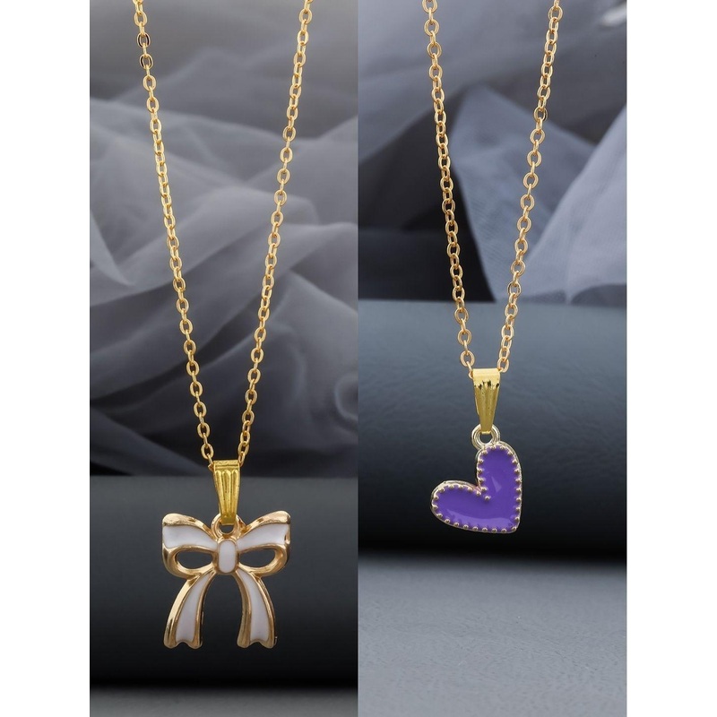 Birado Jewellery Set Of 2 Stainless Steel Gold-Plated Bow Shaped Pendants With Chains
