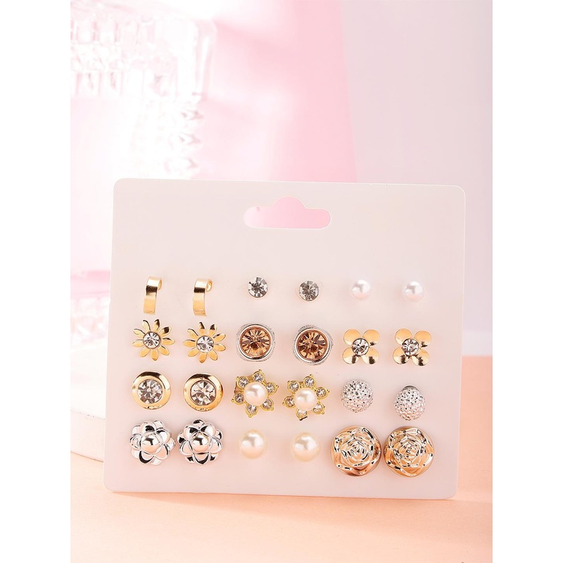 Bohey by KARATCART Set Of 12 Gold-Plated Cubic Zirconia Contemporary Enamelled Studs