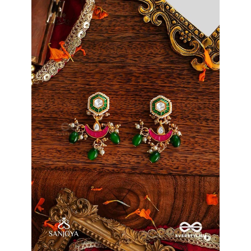 EVERSTYLISH Sanjoya Kundan Earrings Inspired by Moon’s Radiance with Pearls & Green Drops