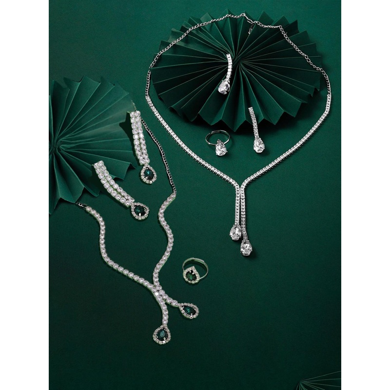 Zaveri Pearls Set Of 2 Sliver Plated Austrian Diamond Stone Studded Jewellery Set