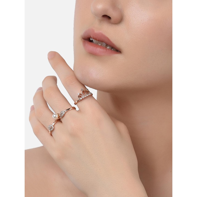 AMI Set Of 3 Rose Gold-Plated White CZ-Studded & Beaded Adjustable Contemporary Finger Rings