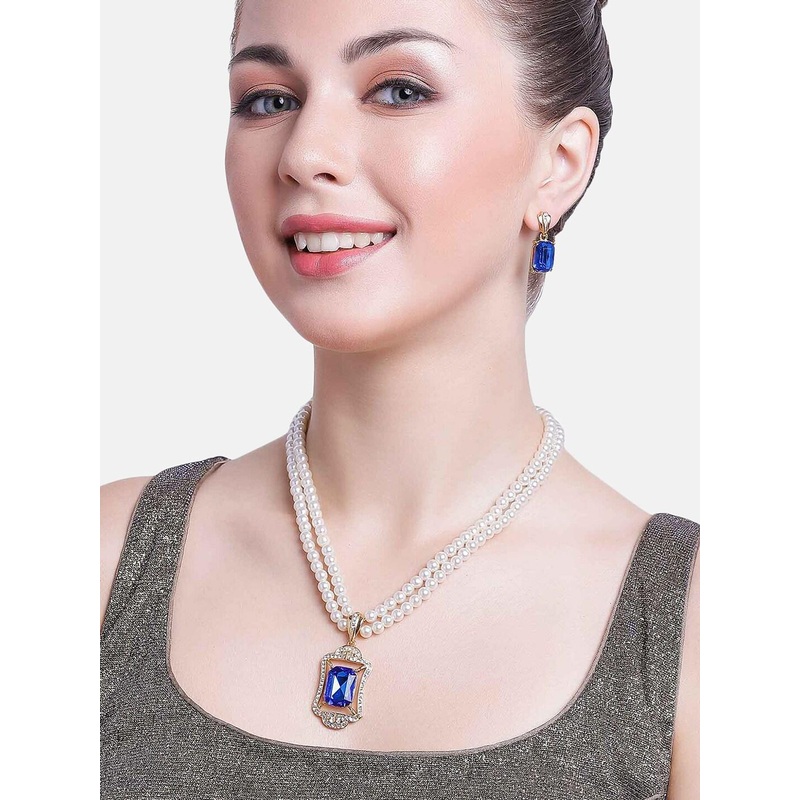 Estele Gold Plated Sophisticated Pearl Jewellery Set with Amethyst Stone for Women