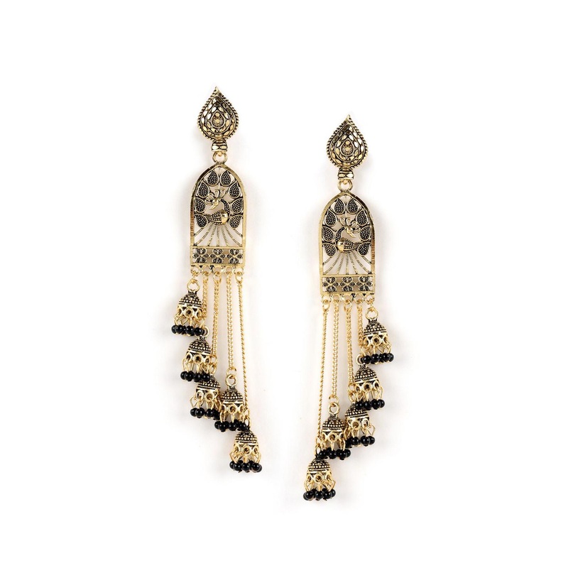 Jazz and Sizzle Women Black Peacock Shaped Jhumkas Earrings