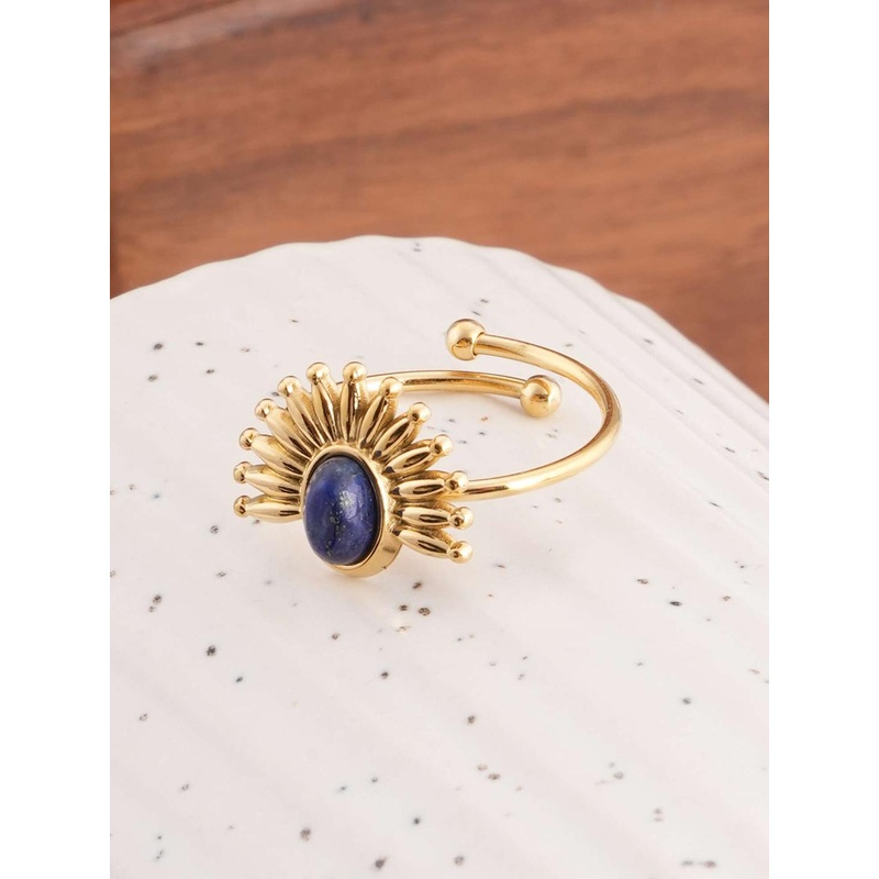 PALMONAS Women Blue Stone Sunburst Ring Adjustable Waterproof & Anti-Tarnish