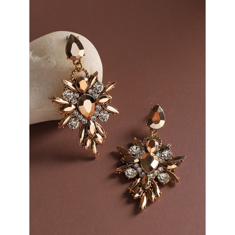 SOHI Gold Plated Stone Studded Drop Earrings
