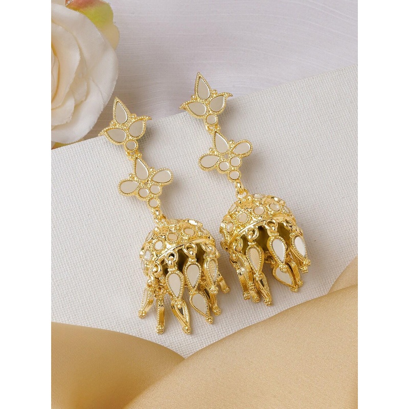 TEEJH Gold-Plated Oxidised Studded Dome Shaped Jhumkas Earrings