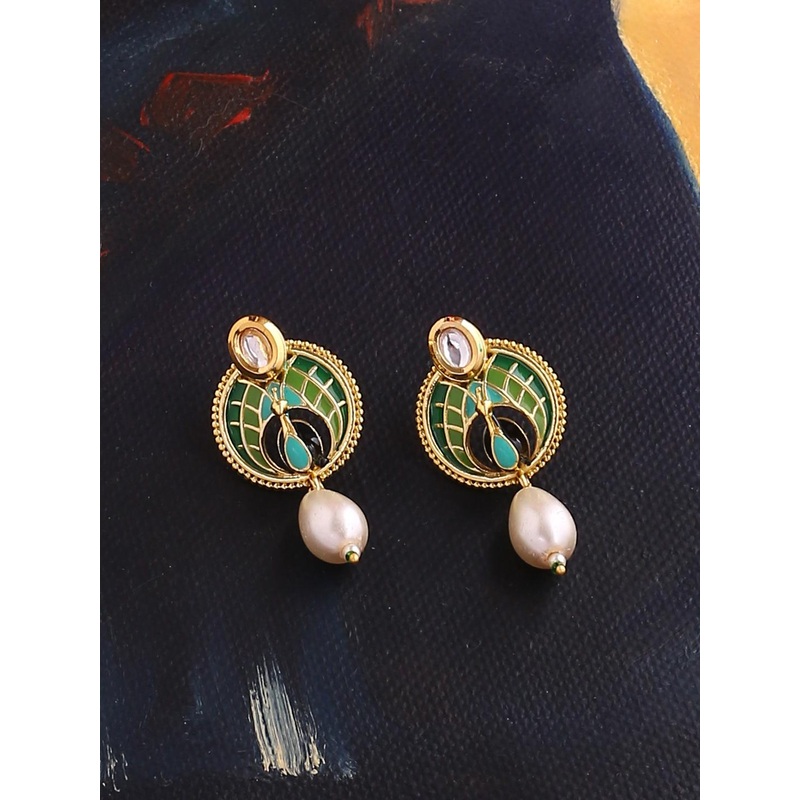 Voylla Gold-Toned & Green Circular Drop Earrings