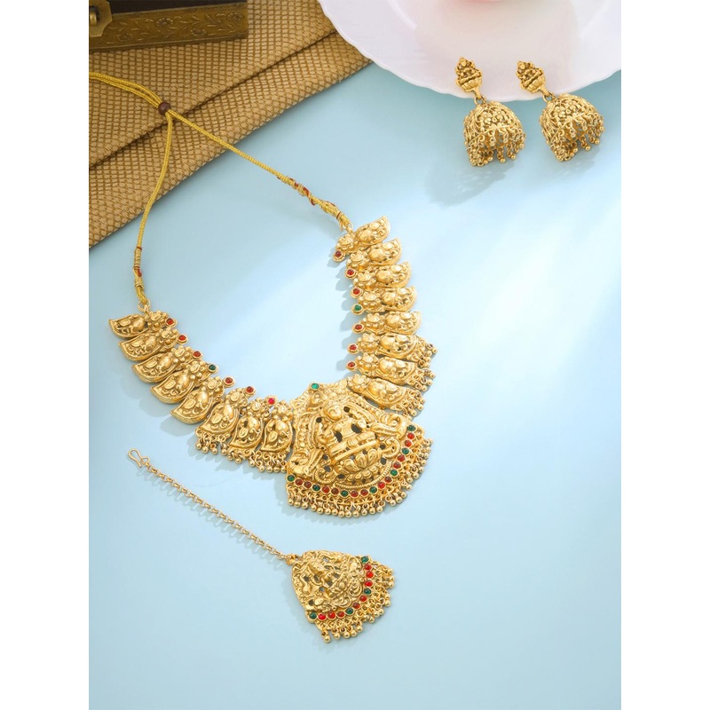 Yellow Chimes Gold Plated Stone Studded Lakshmi Temple Jewellery Set with Maangtikka