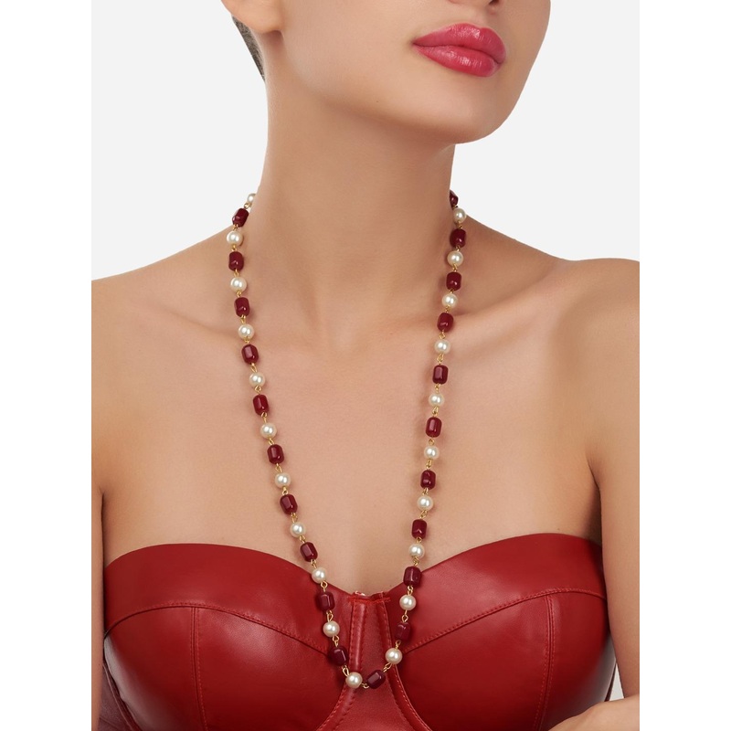 Zaveri Pearls Gold-Toned & Maroon Gold-Plated Beads Embellished Long Necklace