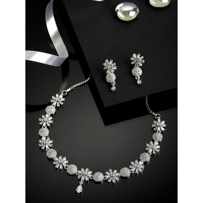 ZENEME Rhodium-Plated American Diamond Studded Jewellery Set