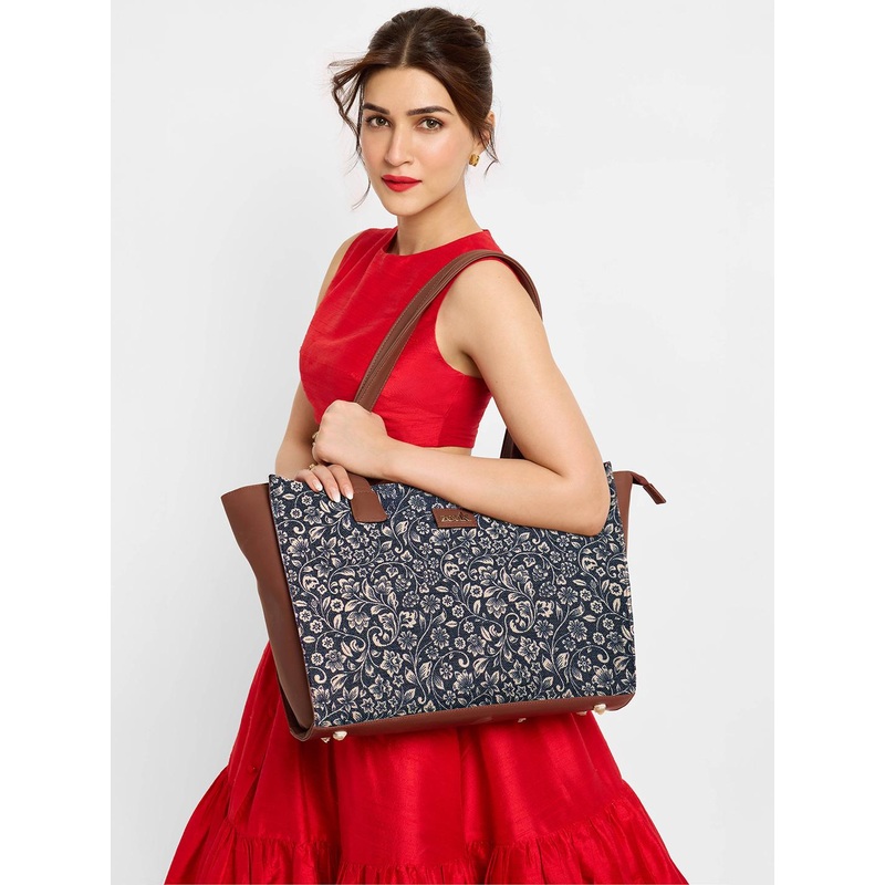 ZOUK Floral Printed Jute Structured Tote Bag