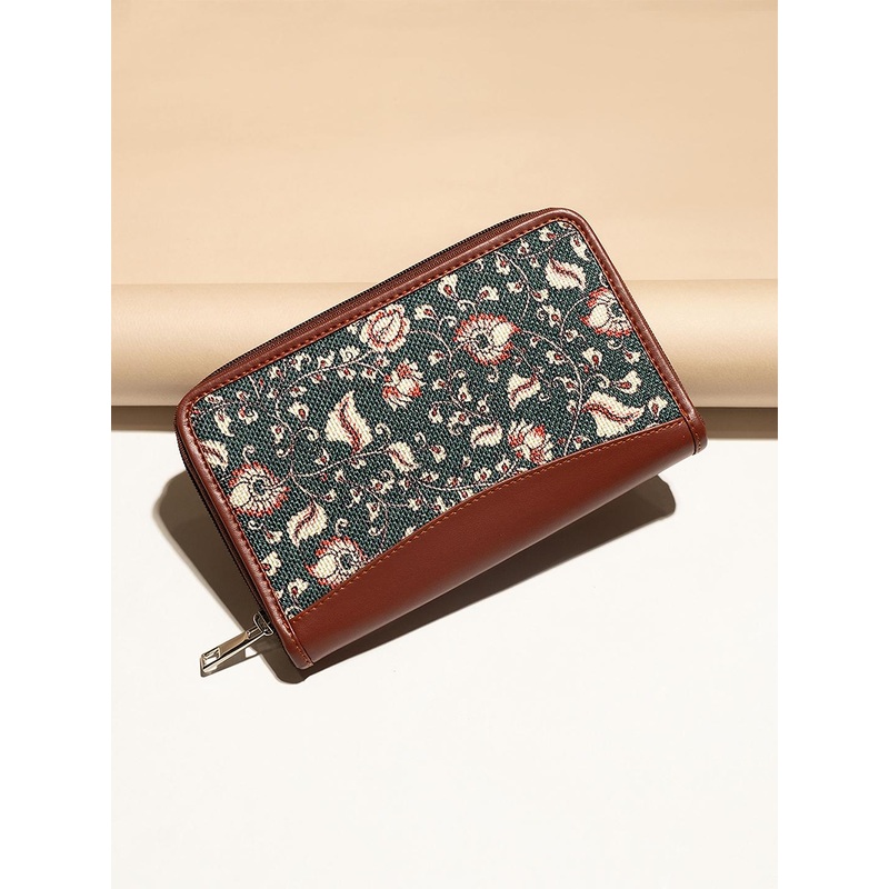 ZOUK Women Blue & White Floral Printed Chittoor Kalamkari Zip Around Wallet