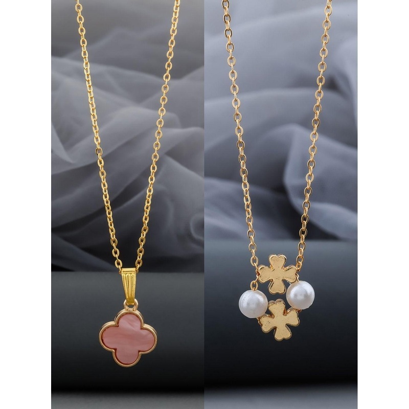 Birado Jewellery Set Of 2 Stainless Steel Gold-Plated Floral Shaped Pendants With Chains