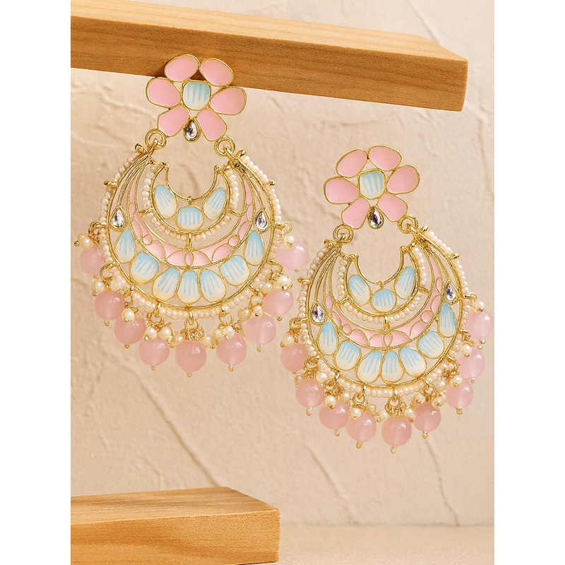 KARATCART Women Pink Beads and Meena  Gold Plated Contemporary Chandbalis Earrings