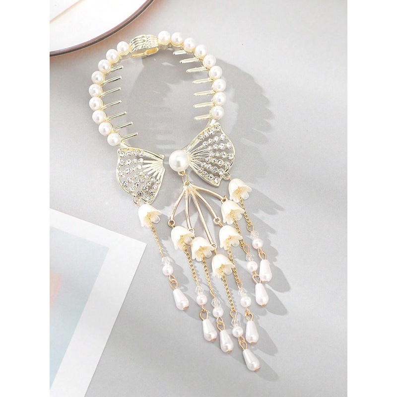 OOMPH Retro Bell Orchid Flower Pearls & Crystals-Studded Bun Pin