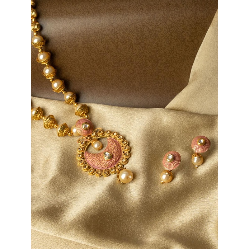 PANASH Women Gold-Plated, Pink Pearls Beaded Enamelled Handcrafted Jewellery Set