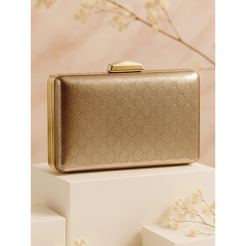 Rubans Gold-Toned Embossed Pattern Box Clutch with Metallic Frame & Snap Closure