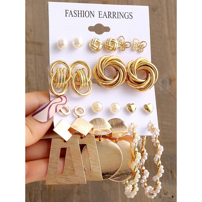 Shining Diva Fashion Set Of 11 Gold-Plated Contemporary Stud & Hoop Earrings