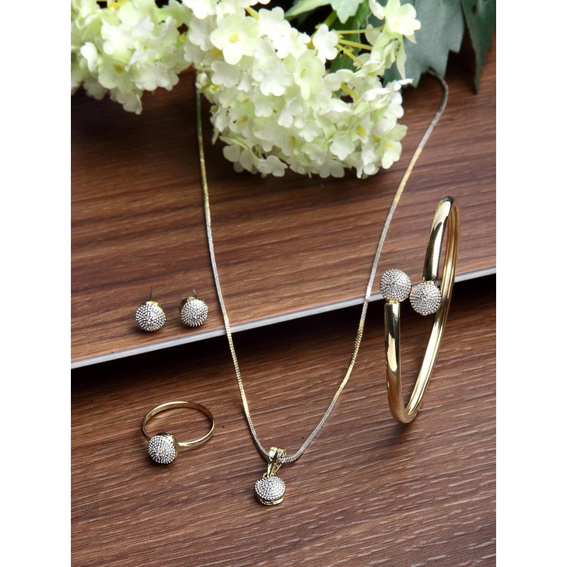 ZENEME Gold Plated American Diamond Studded pendant earring Bracelet with ring Set