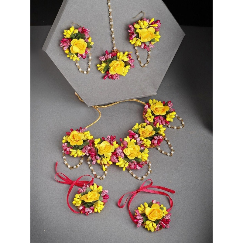 ZENEME Yellow & Pink Floral Gota Patti Beaded Haldi & Mehendi Jewellery Set