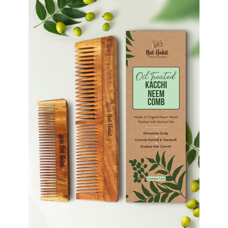 Nat Habit Set Of 2 Dual Tooth & Fine Tooth Pocket Kacchi Neem Combs