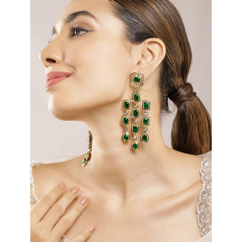 Rubans 22K Gold-Plated Emerald Gemstone Studded Chandelier Drop Earrings