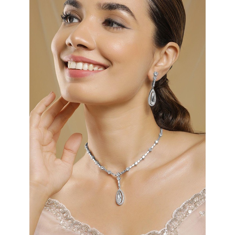 Rubans Rhodium Plated AD & Cubic Zirconia Studded Teardrop Statement Jewellery Set