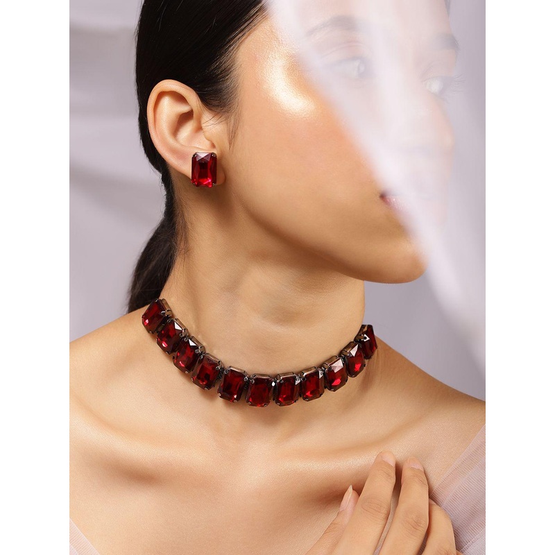 Rubans Rhodium Plated Maroon Crystal Cubic Zirconia Studded Statement Choker Jewelry Set