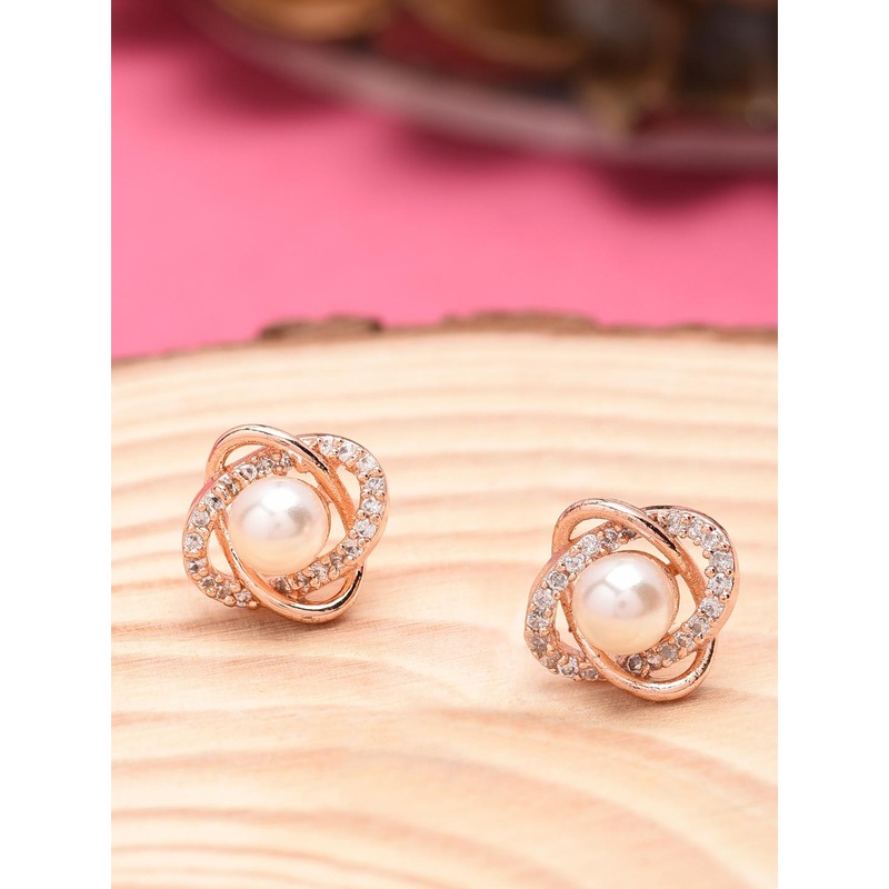 Zaveri Pearls White Gold-Plated Beaded Contemporary CZ Studs