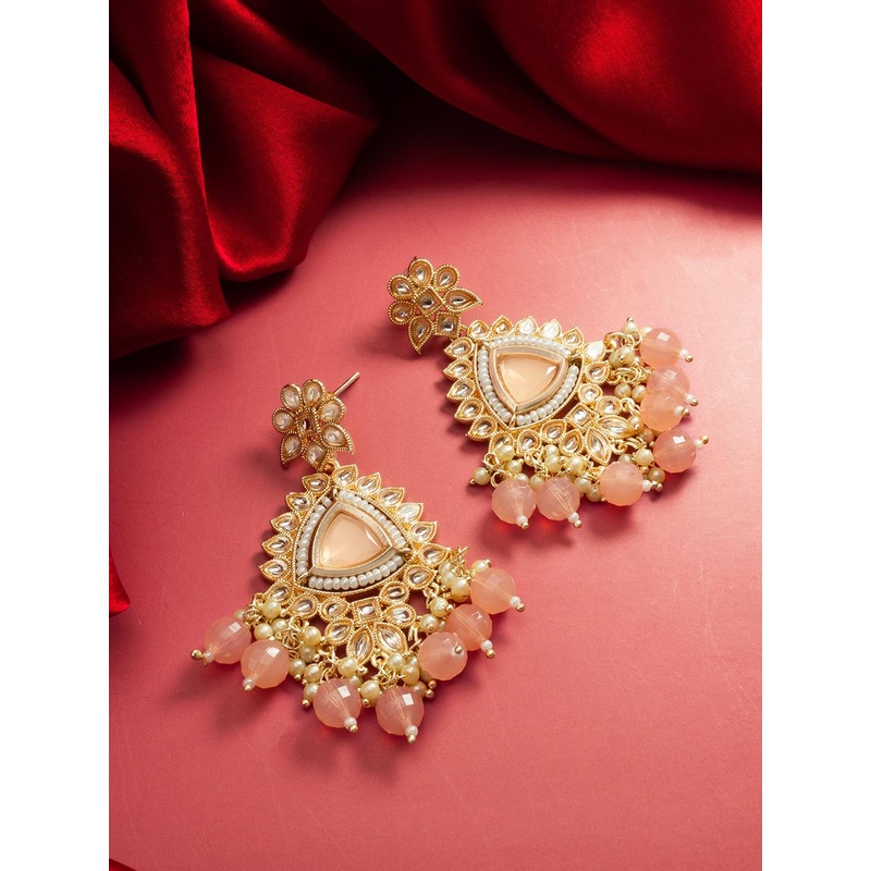 aadita Gold-Plated Pearl Kundan-Studded Geometric Drop Earrings