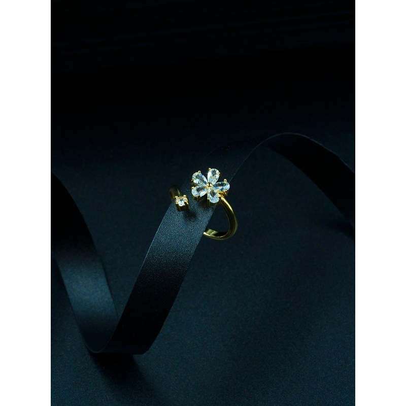 ARTKLIM Gold-Plated Flower Drop American Diamond Studded Adjustable Finger Ring