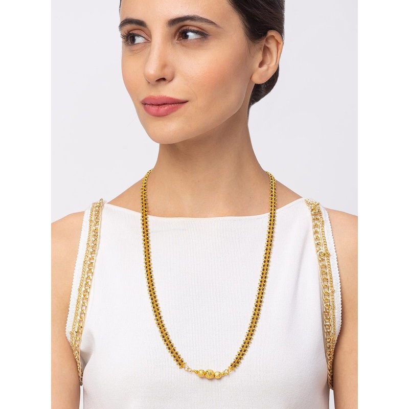 Digital Dress Room Gold-Plated & Black Beaded South Indian Style Long Mangalsutra