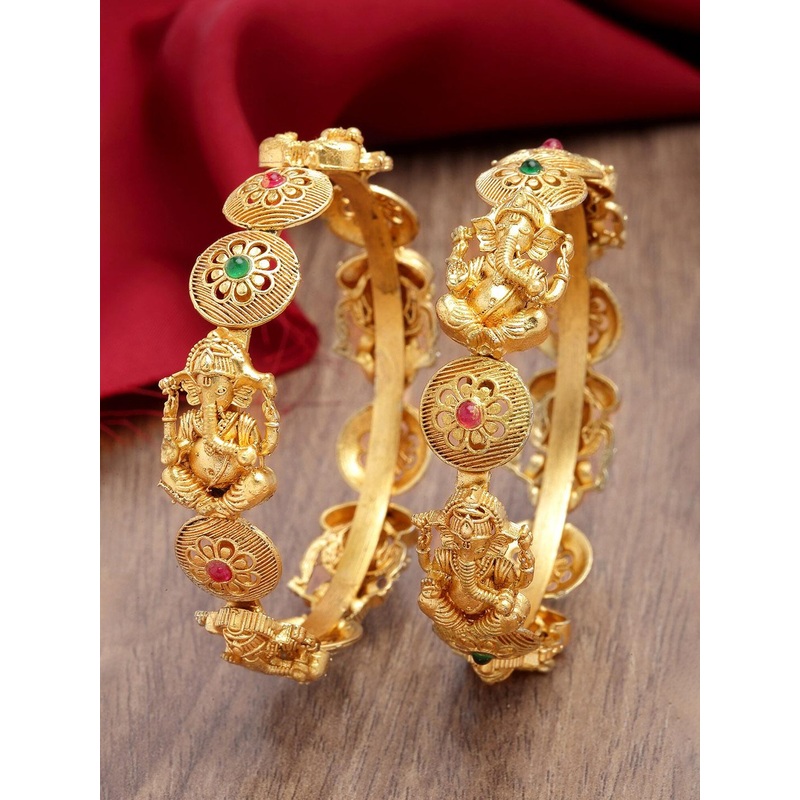 KARATCART Set Of 2 Gold-Plated Stone Studded Lord Ganesha Temple Bangles