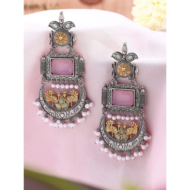 OOMPH Stone Studded & Beaded Contemporary Oxidised Drop Earrings