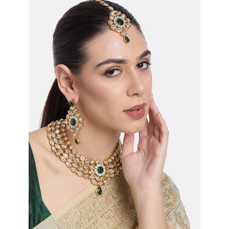 Peora Gold-Plated & Green Crystal Studded Jewellery Set