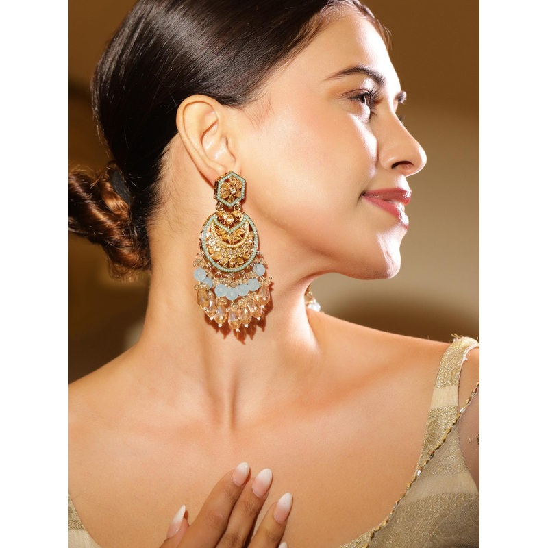 Rubans 18K Gold-Plated Kundan Chandbali Earrings with Sky Blue Stones & Beaded Danglers