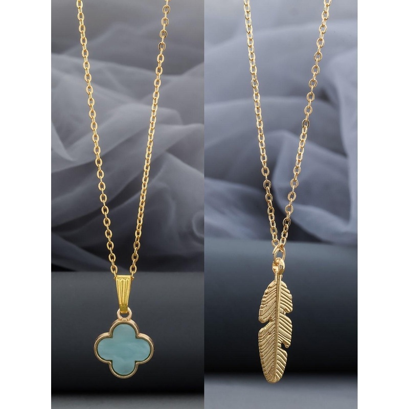 Birado Jewellery Set Of 2 Stainless Steel Gold-Plated Feather Shaped Pendent With Chain