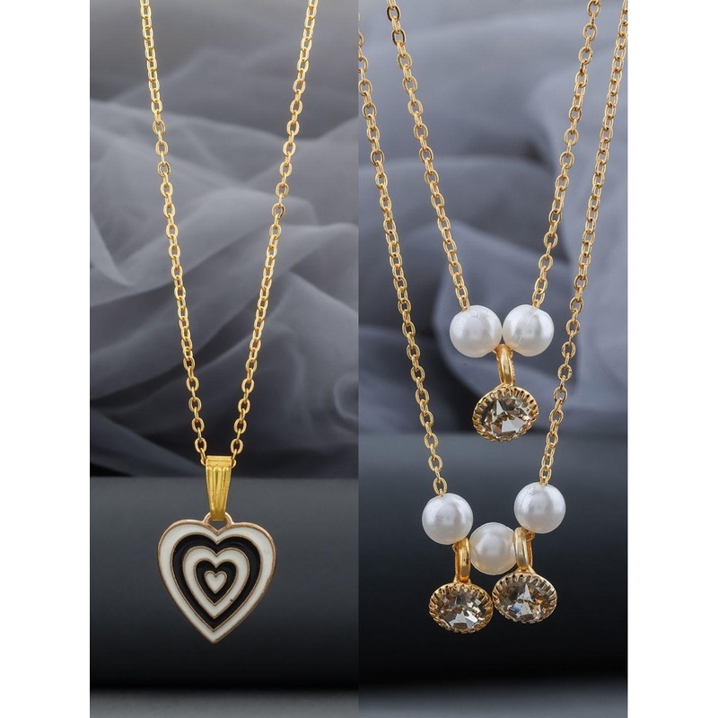Birado Jewellery Set Of 2 Stainless Steel Gold-Plated Stones Studded Pendants With Chains