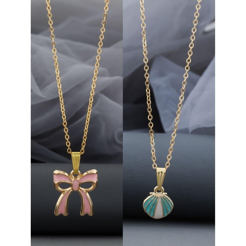 Birado Jewellery Women Set Of 2 Gold-Plated Enamelled Bow Pendants With Chains
