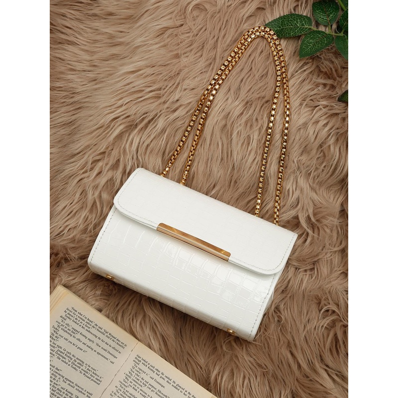 DressBerry White Oversized Structured Sling Bag with Fringed
