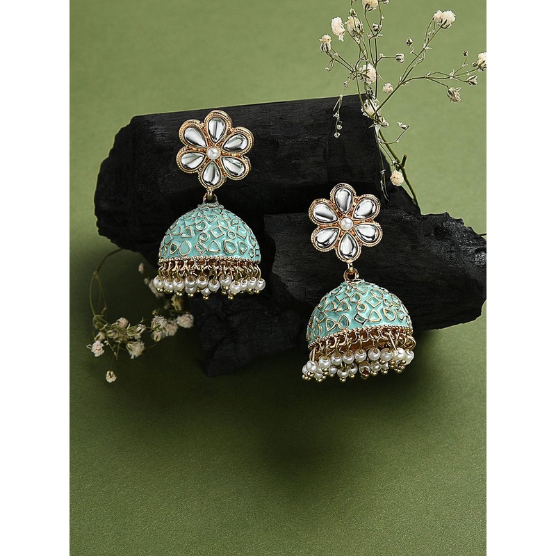 Kalakrith Milano Dome Shaped Kundan & Pearls Studded Enamelled Jhumkas
