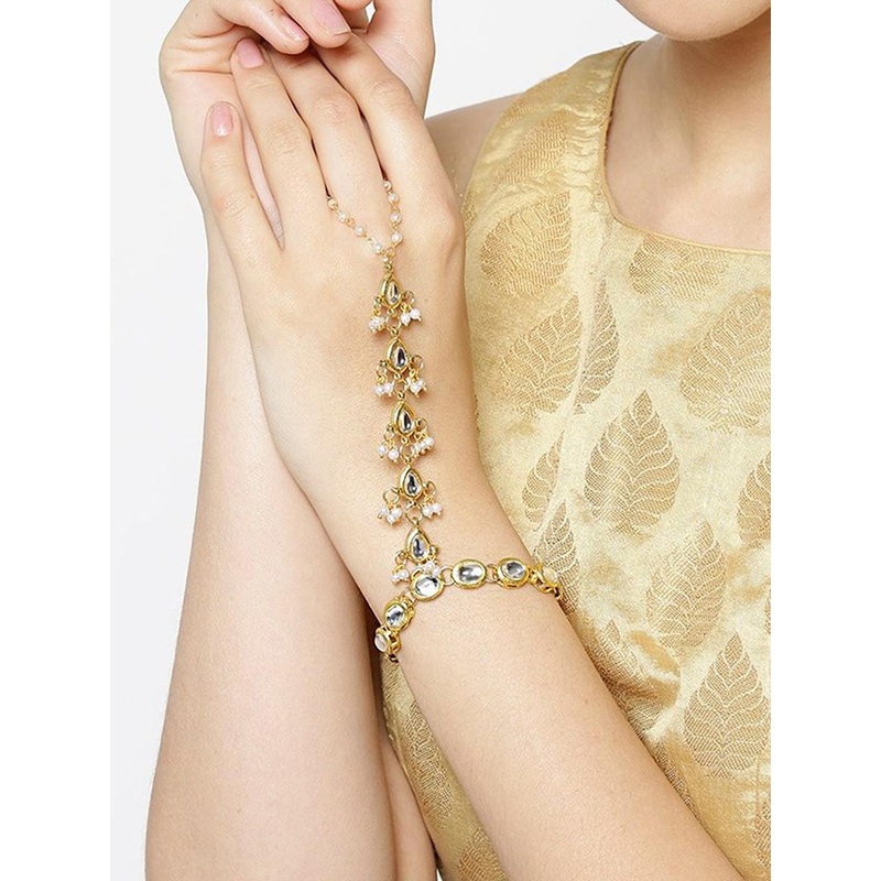 KARATCART Off-White Gold-Plated Kundan-Studded Ring Bracelet
