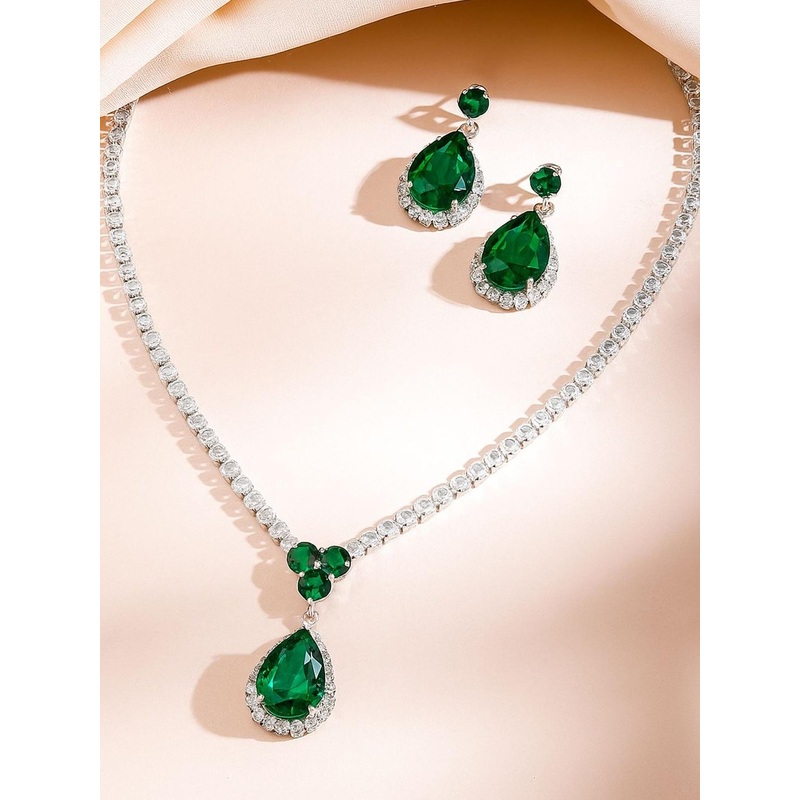 Rubans Rhodium-Plated Crystal Emerald Green with Cubic Zirconia Stone Necklace Set