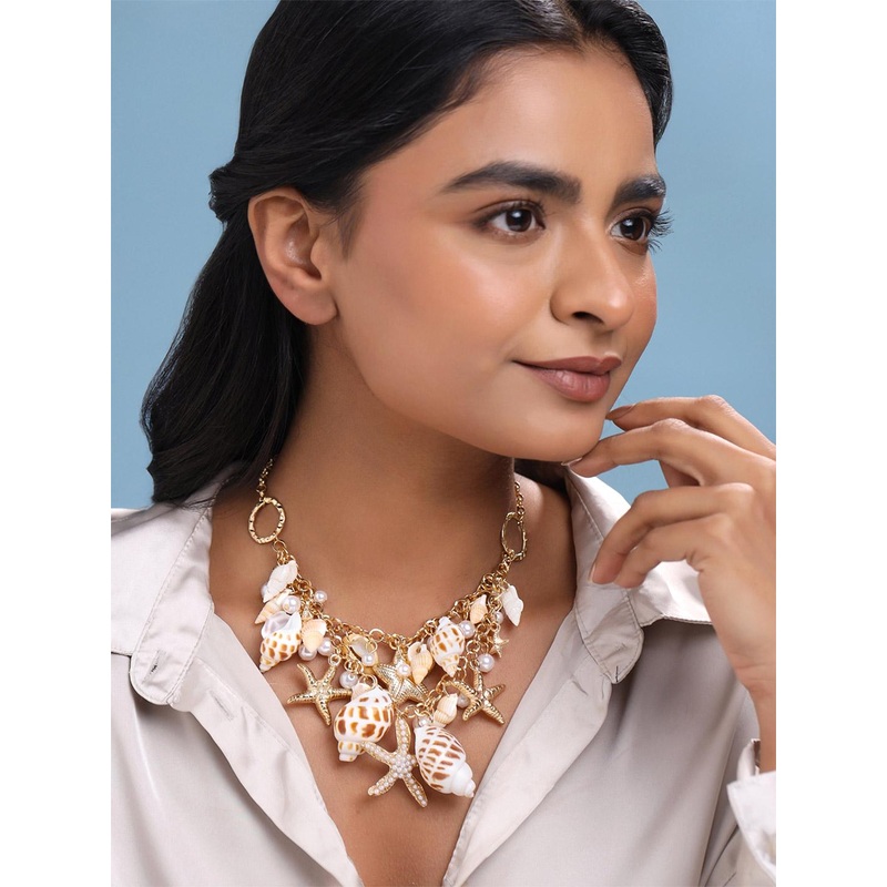 Yellow Chimes Gold-Toned & White Sea Shell Starfish Pearls Hanging Choker Necklace